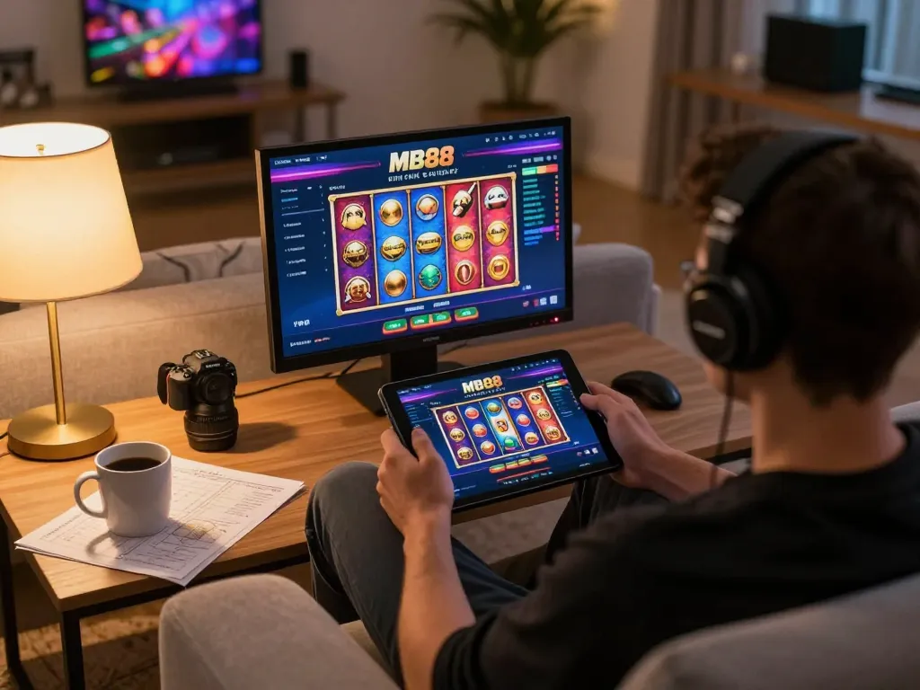 Engaging MB88 online gameplay on a tablet while enjoying a cozy home environment