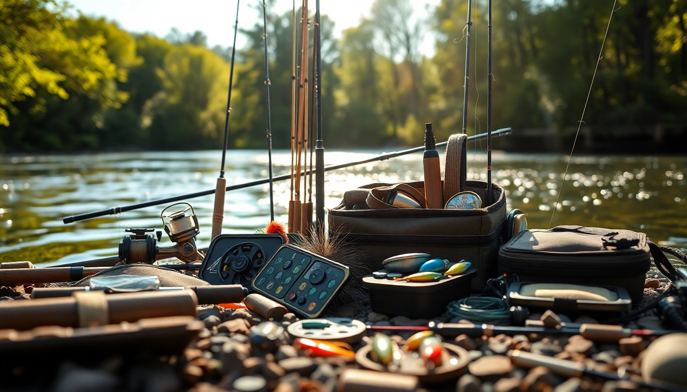 Discover stunning fly fishing accessories arranged beautifully alongside a serene riverbank.