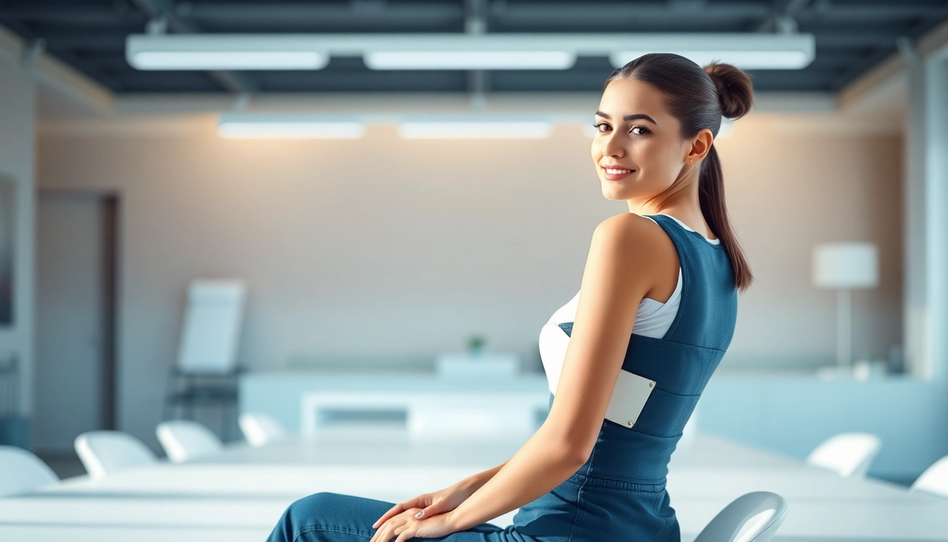 Model wearing a posture brace in an elegant workspace, demonstrating proper posture.
