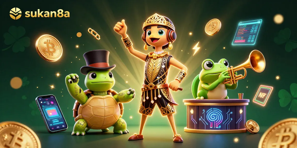 Sukan8a showcases unique casino elements with an art deco crane, turtle, and frog in a vibrant atmosphere.
