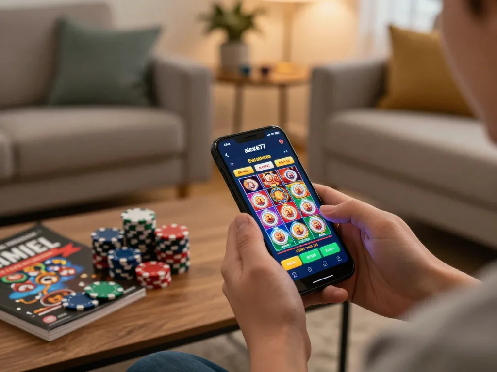 Player using alexis77 mobile app for online casino gaming in cozy home setup, emphasizing convenience and engagement.