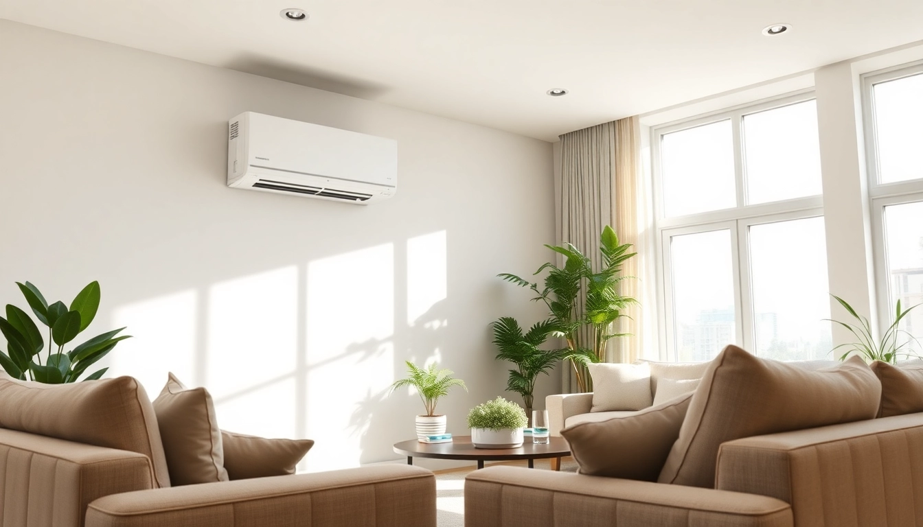 Install a mitsubishi mini split ac in a stylish, modern living room with natural light.