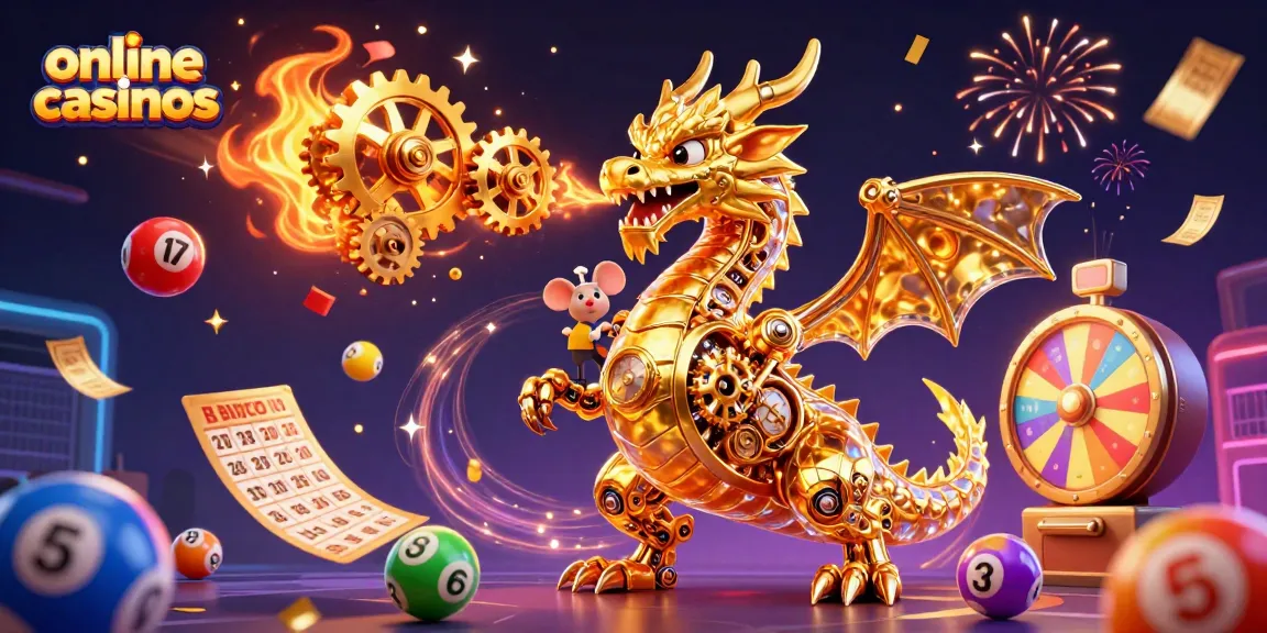 Engage with online casinos through vibrant lottery elements and a dynamic golden dragon scene