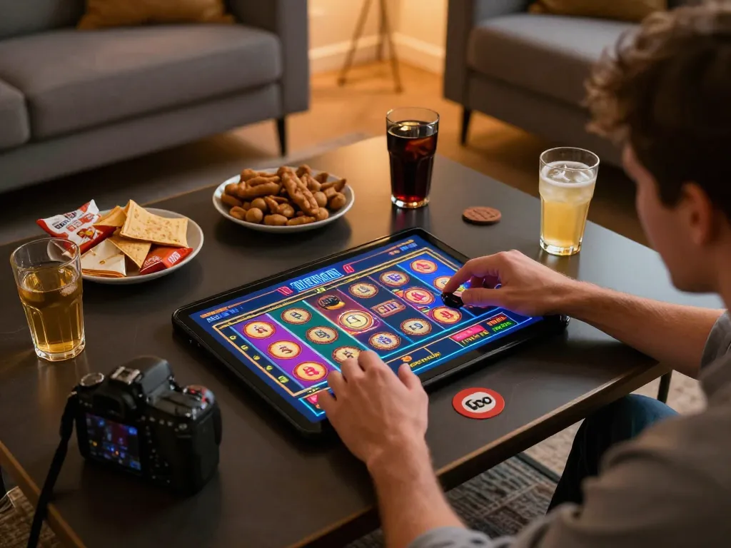 G28 player engaging in online slot gaming with mobile app in cozy home setting.