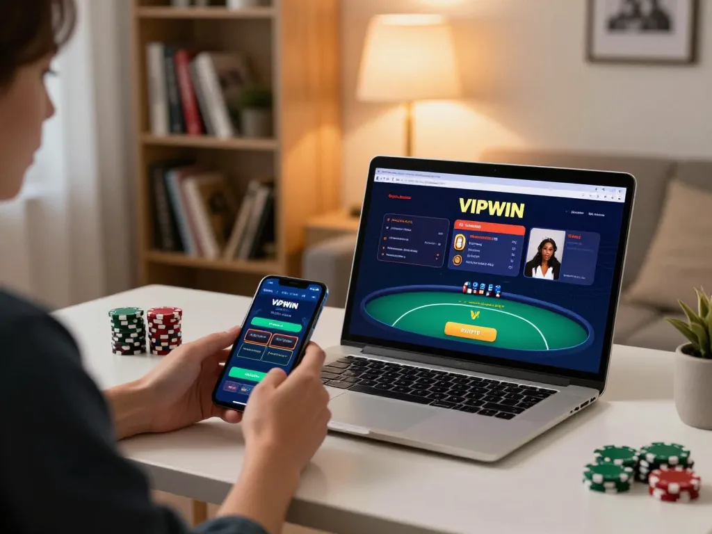 Experience online gaming at VIPWIN with a laptop and smartphone in a cozy setting