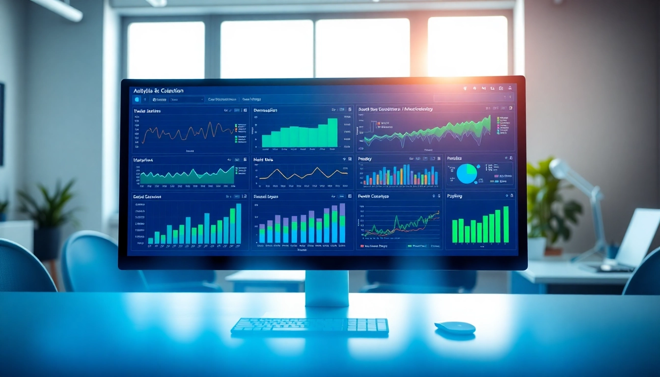Klynt dashboard illustrating data analytics with vibrant graphs in a modern workspace setting.
