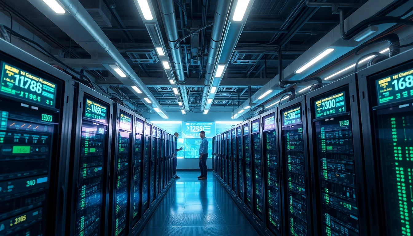 Crypto mining facility with high-performance rigs and digital displays.
