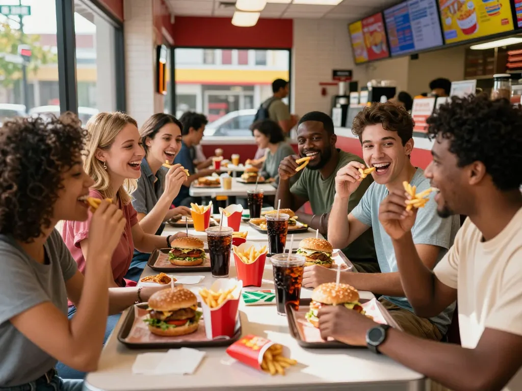 Fast food prices reflected in an urban dining scene with a diverse group enjoying meals together