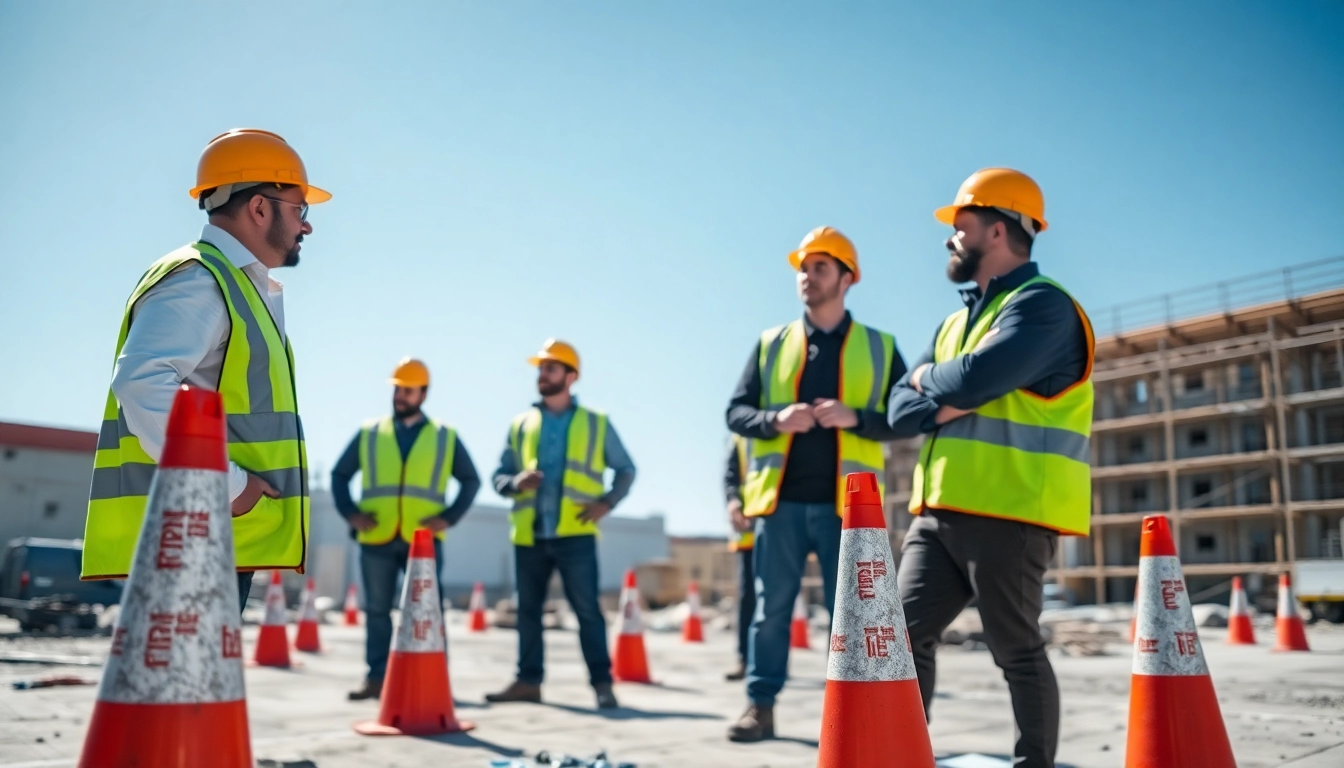 Demonstration of construction site safety with workers in safety gear, promoting awareness and best practices.