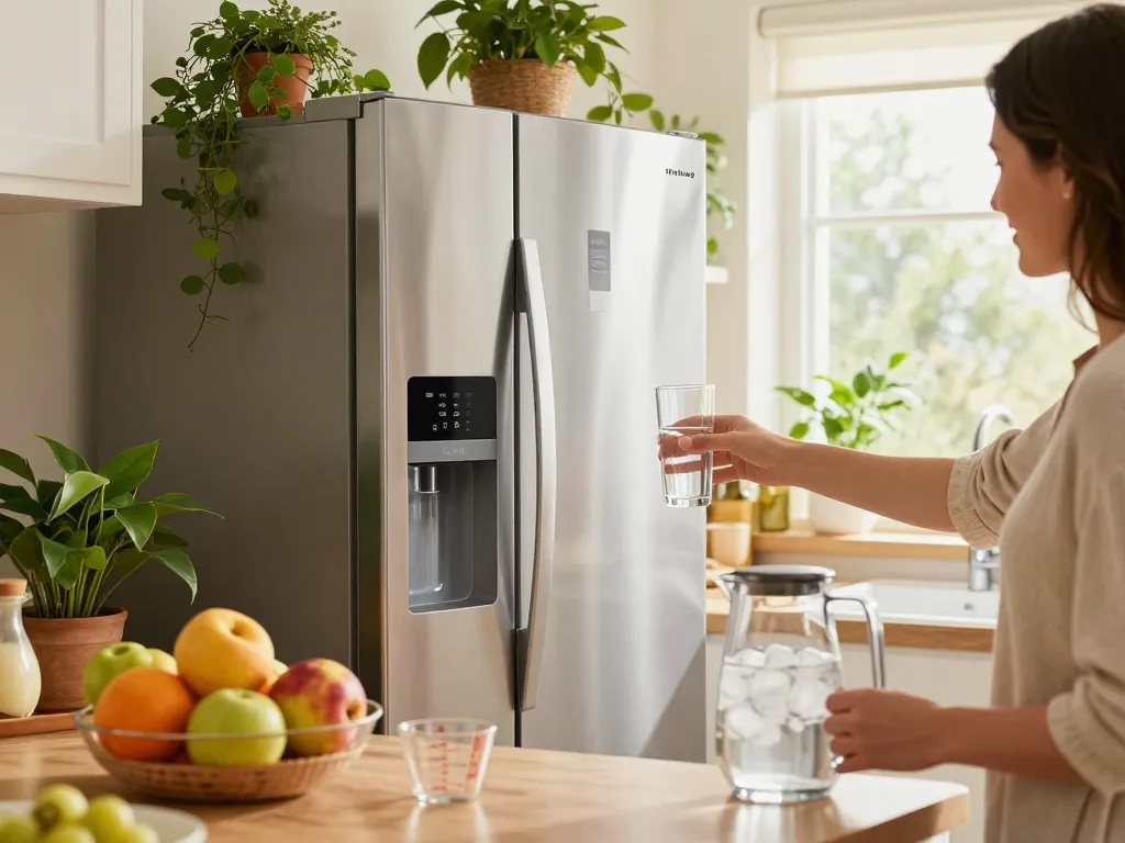 Waterdrop Plus UKF7003 Replacement for Maytag® UKF7003 shown in a modern kitchen, showcasing filtered water access.