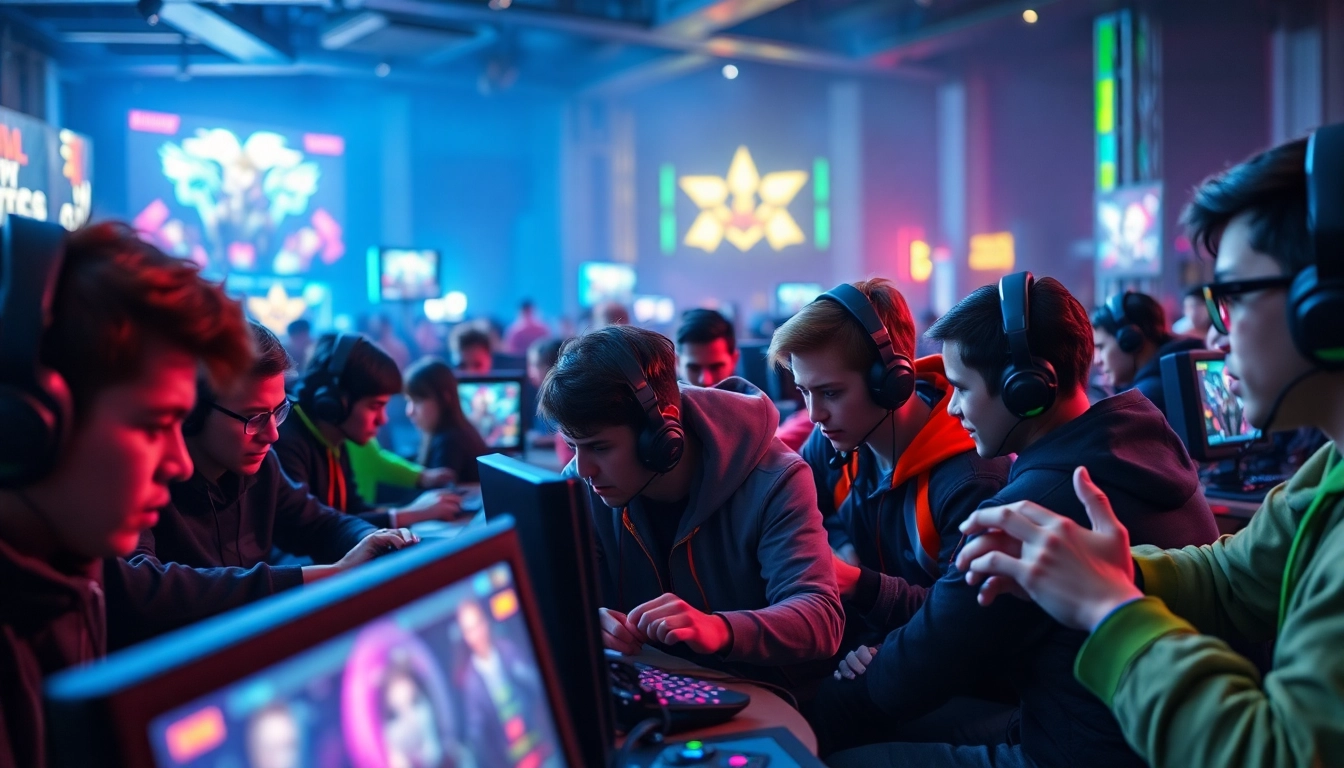 Engaged gamers at https://gamelevate.com in a vibrant gaming arena showcasing multiplayer action.
