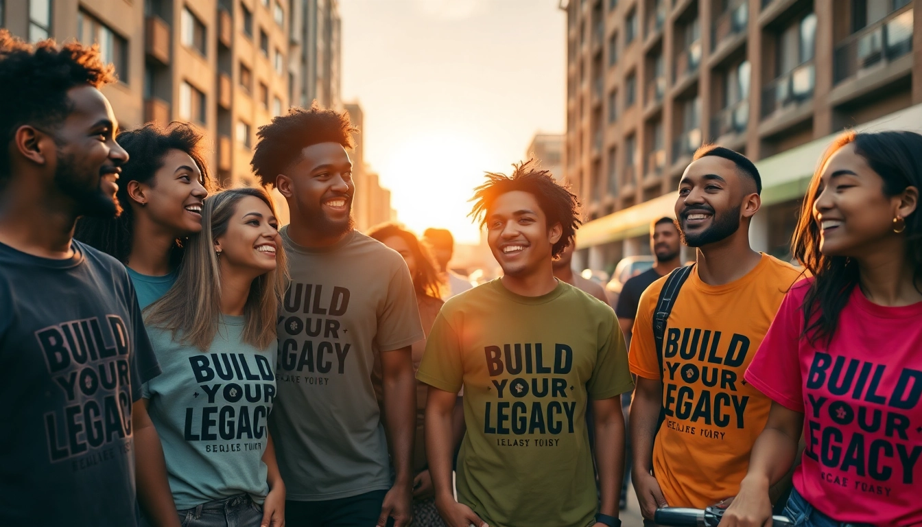 Build your legacy apparel showcased by a diverse group in a vibrant urban setting, radiating community and confidence.