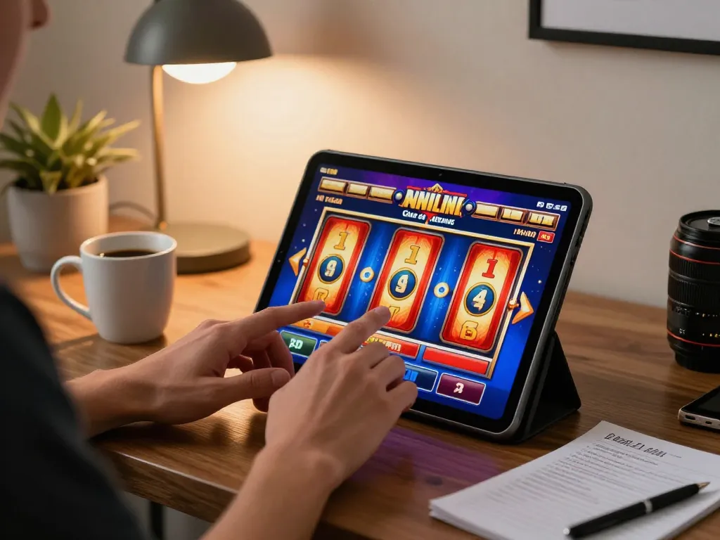 Player engaging with slot deposit 2rb gameplay on a tablet, creating a vibrant home gaming atmosphere.