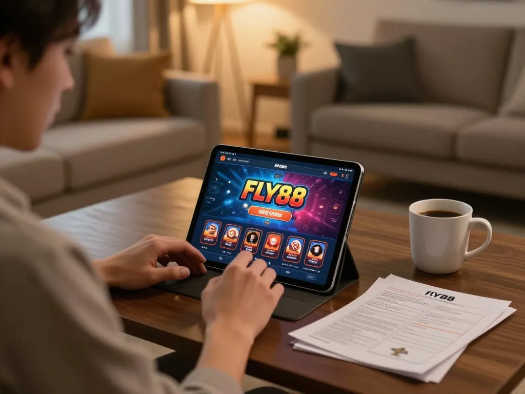 Experience online gaming with FLY88 app on tablet in cozy home setup