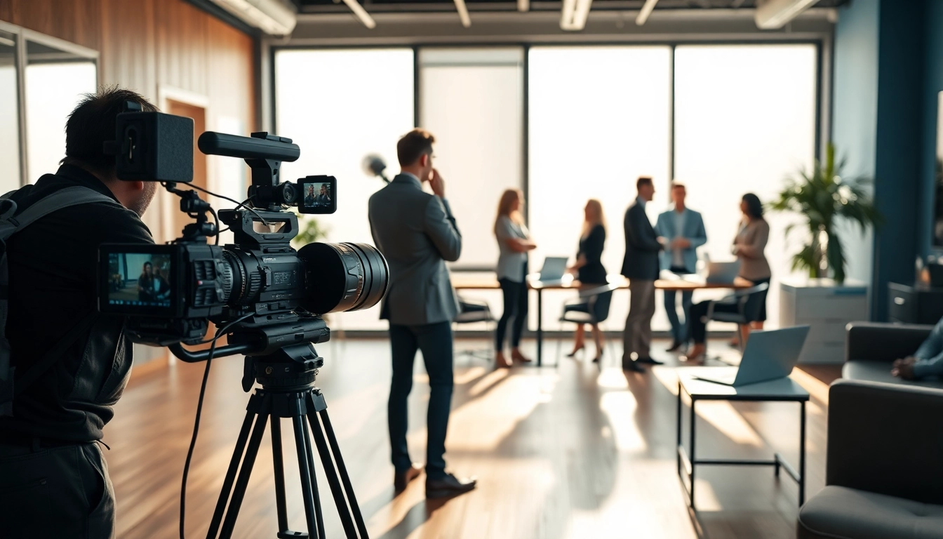 Producing a Corporate Video Production scene with crew and actors in a modern office environment.