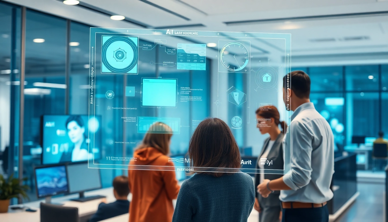 Illustration of Human Interface with AI showing professionals interacting with advanced technology.