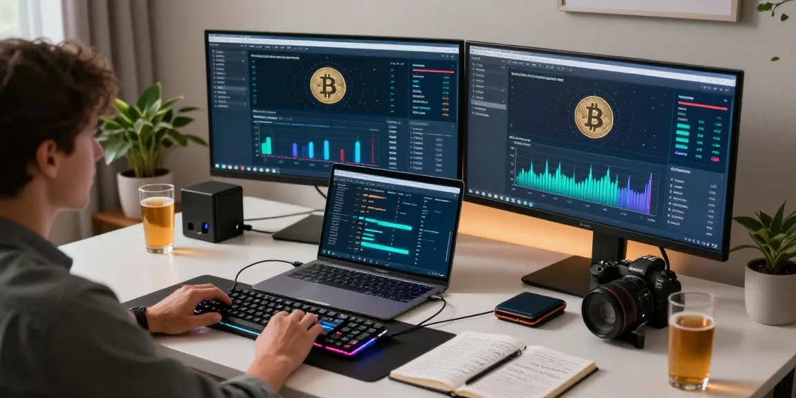 Bitcoin mining workspace with cryptocurrency mining software, hardware wallet, and modern tech integration for secure transactions
