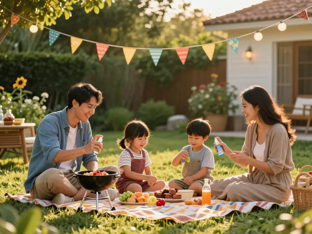 Family applying the Best Mosquito Repellent during a summer barbecue in their backyard.