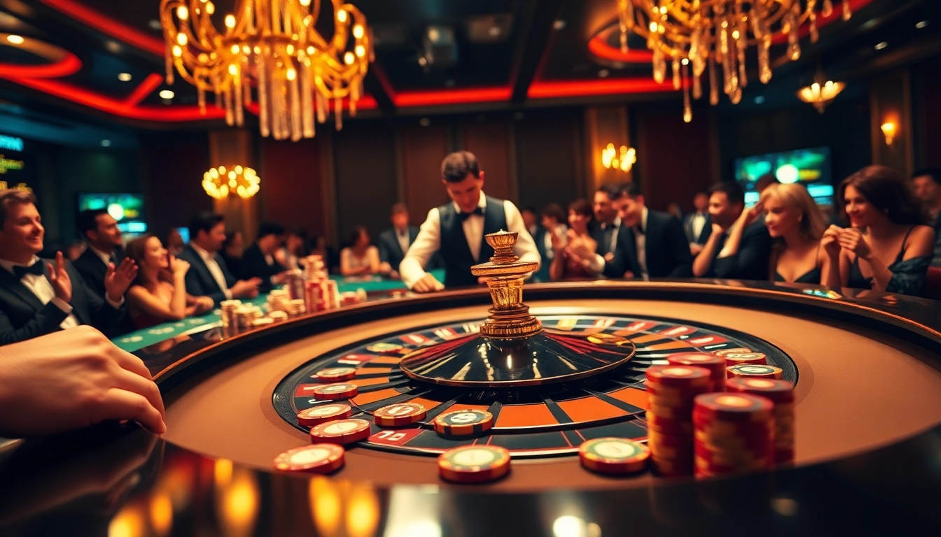 Berlaga di kasino dengan igamble247 yang menonjol, menampilkan meja roulette glamor dan pemain antusias.