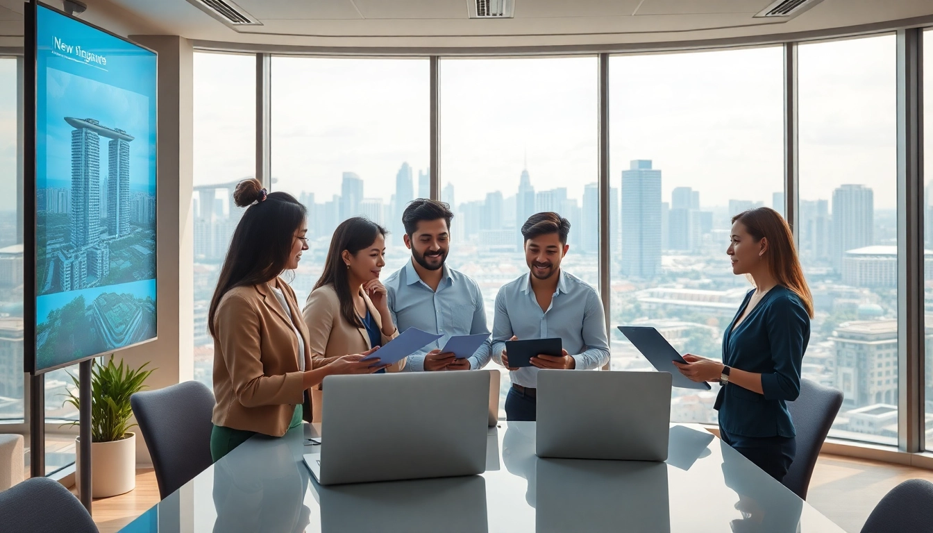 Learn about real estate opportunities at https://newdeveloperlaunch.sg with agents in a modern office.