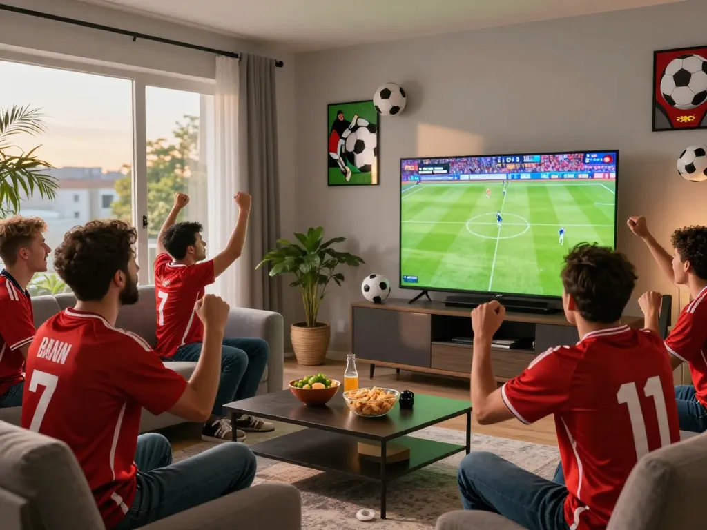 Fans enjoying a thrilling moment watching Cà khịa tv football live stream in their vibrant living room.