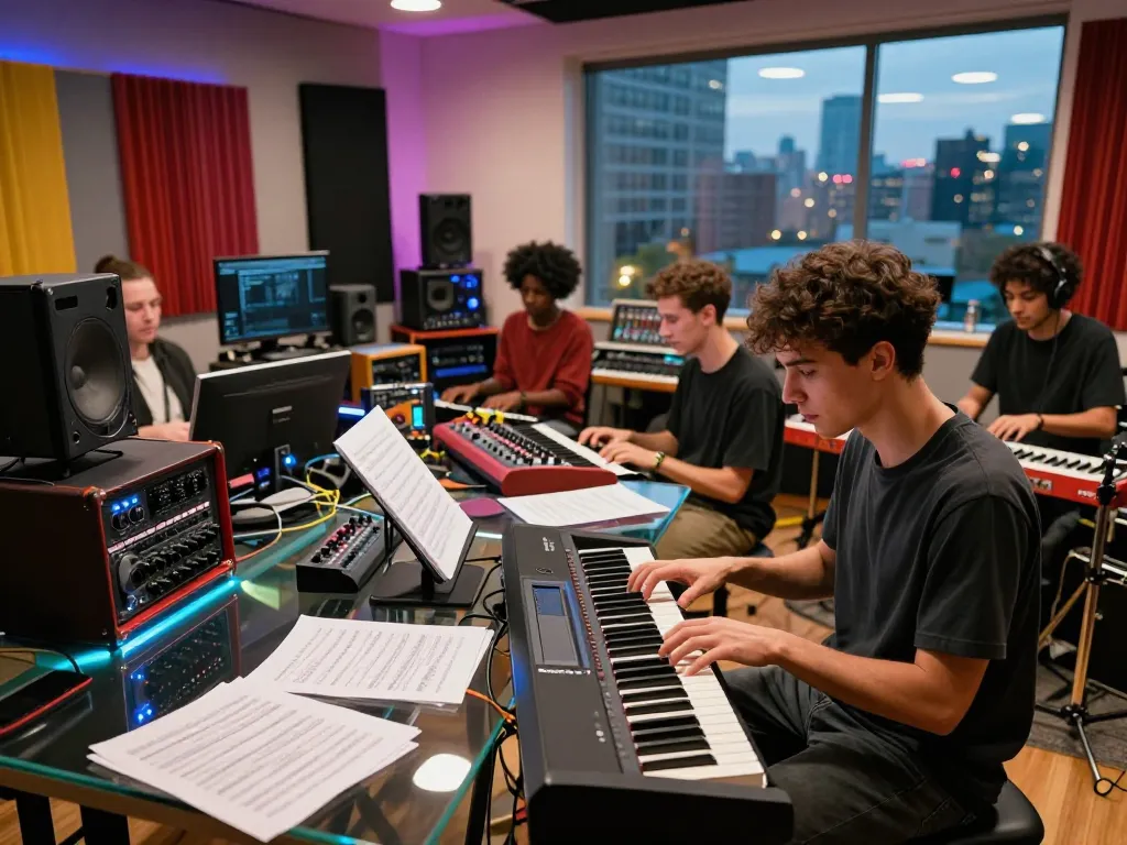 Collaborative musicians showcasing the go 88 digital piano in a vibrant studio, creating music together.
