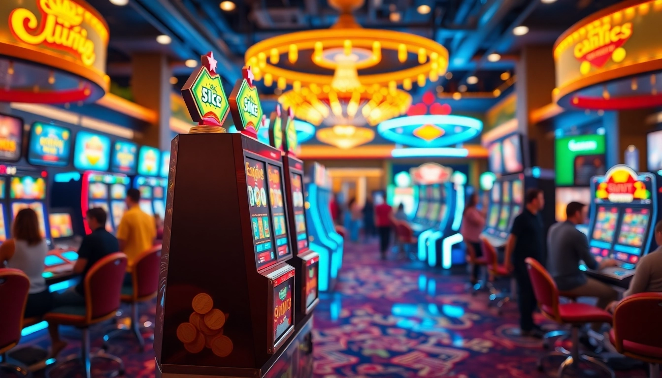 Menampilkan diantogel slot dengan mesin slot modern di lingkungan permainan yang hidup