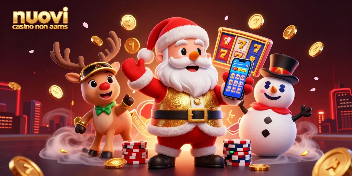 Interagisci con i nuovi casino non AAMS entusiasmanti che mostrano Babbo Natale e amici in una vivace scena di casinò.