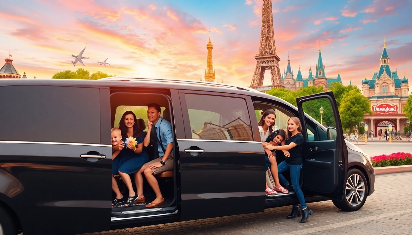 Families enjoying Disneyland Paris airport transfer services in a vibrant Paris setting