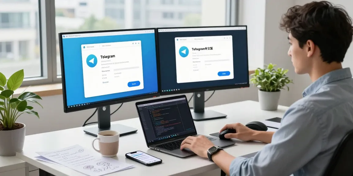Workspace with developer coding in Chinese Telegram中文版 interface, showcasing a dynamic tech environment.