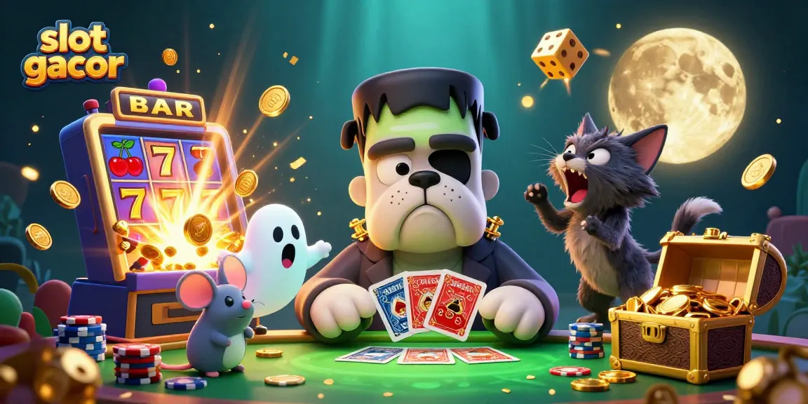 Slot gacor dengan monster bulldog dan perlengkapan kasino berkilau di meja hijau yang menyeramkan.