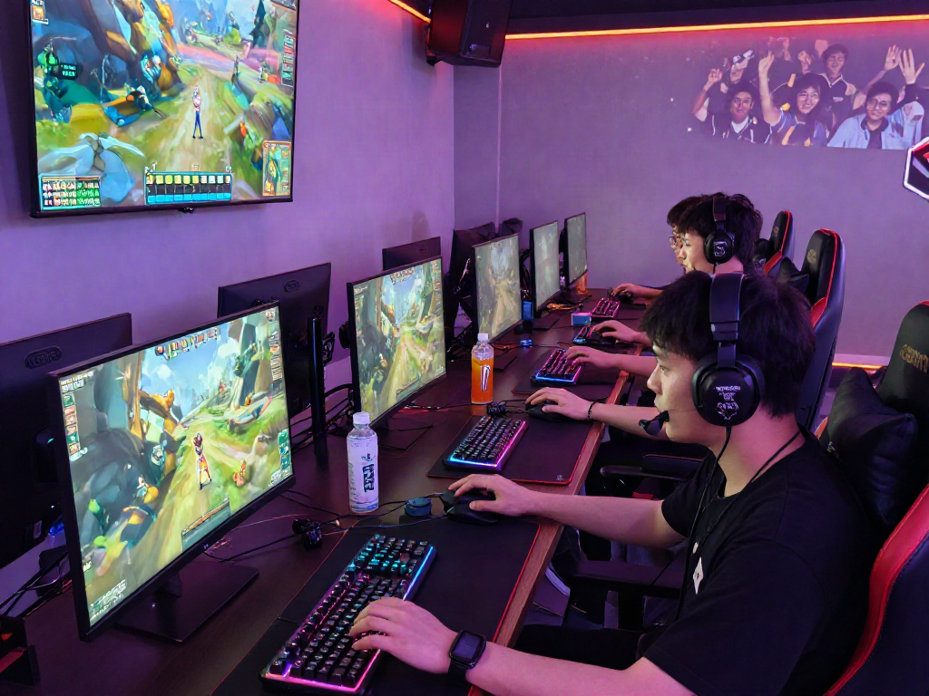 Gamers competing in intense multiplayer action on situs bro138, surrounded by vibrant gaming gear and energetic atmosphere.