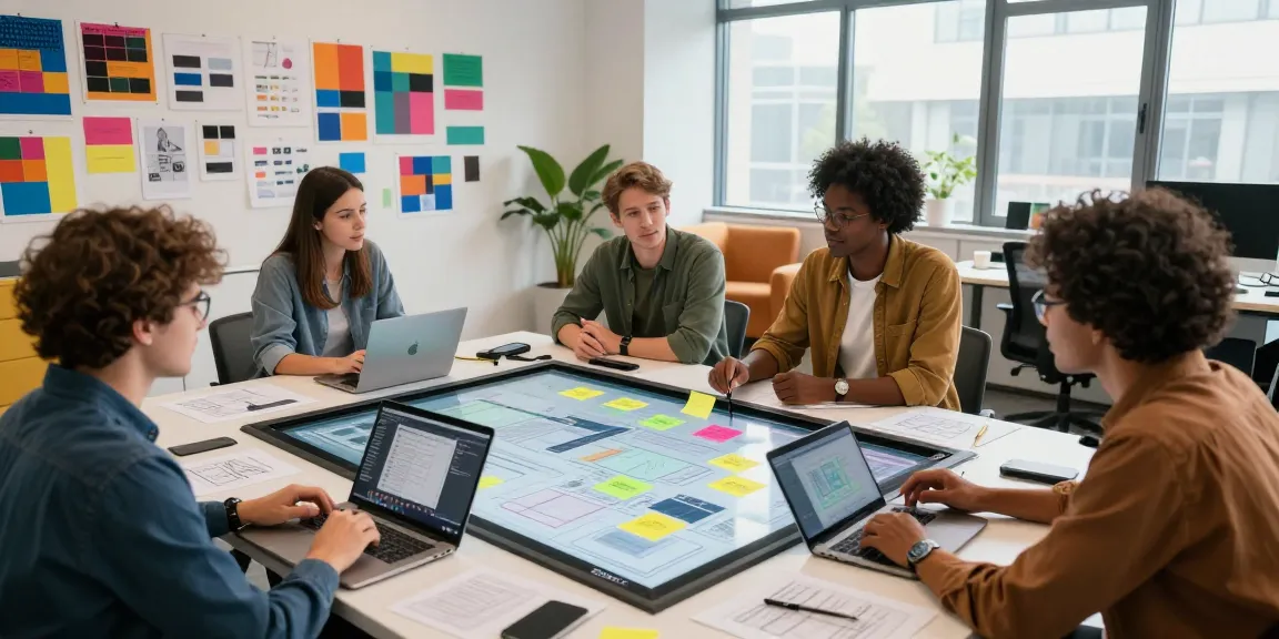 Collaborative team brainstorming at a mixboard showcasing vibrant ideas and digital tools.