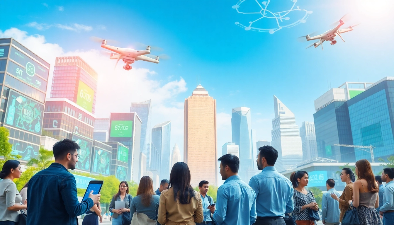 Engaging visualization of Technology showcasing a vibrant cityscape with innovative designs and diverse individuals.
