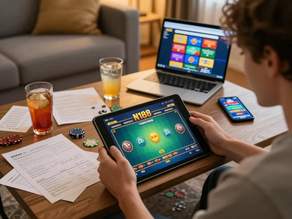 N188 game action on tablet in a cozy home gaming setup