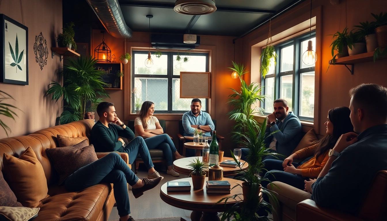 Besucher in einem cannabis club hamburg genießen eine entspannte Atmosphäre mit stilvollem Ambiente.