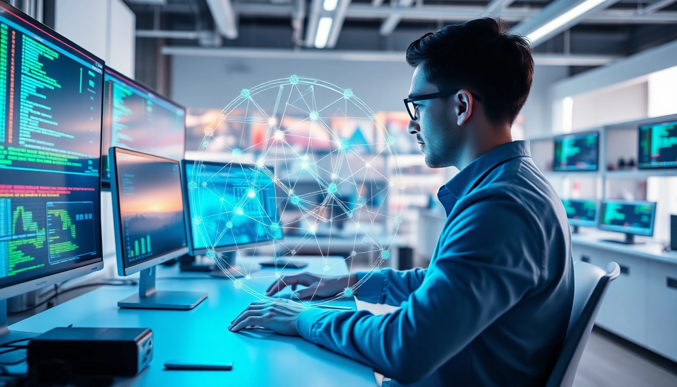 Showcasing EORMC AI blockchain development in a modern tech lab.