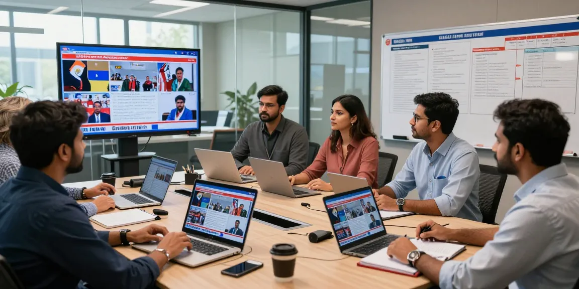 Collaborative news team discussing updates at https://www.theindaily.com in a vibrant newsroom, showcasing dynamic journalism.