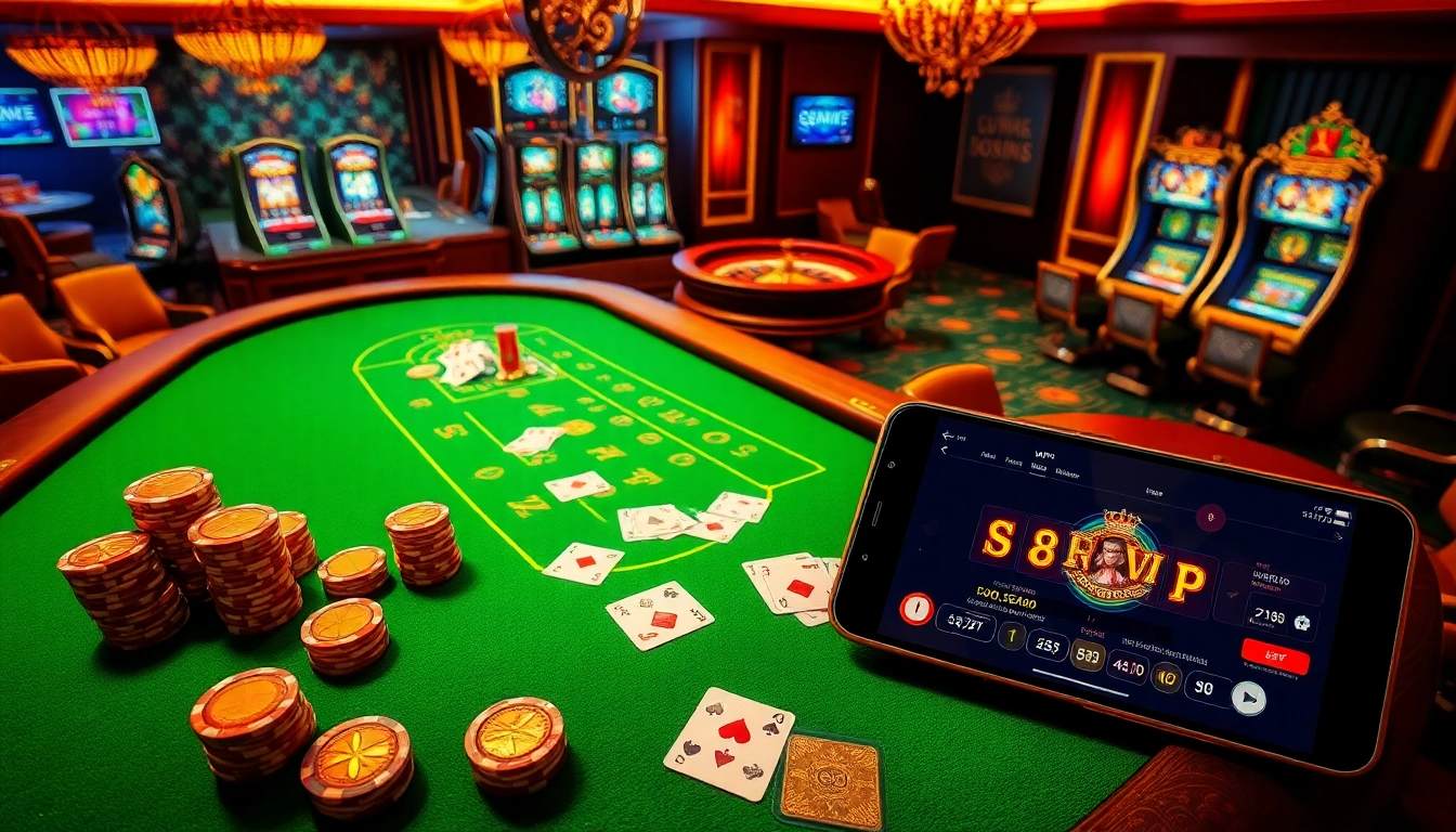 A thrilling S88VIP casino scene showcasing luxury gaming tables with vibrant poker chips and slot machines.