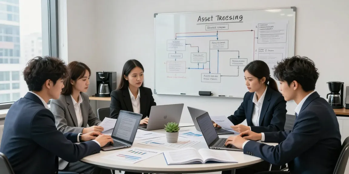 Team collaborating on asset tracing strategies in a corporate office setting, with laptops, financial documents, and charts.
