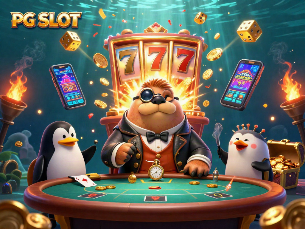 Experience the thrill of PG SLOT at an underwater casino with a jolly walrus and his friends.