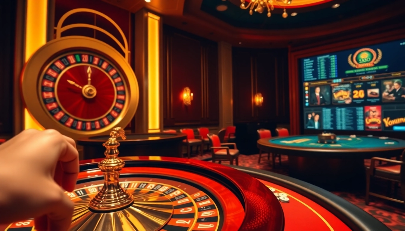 Experience high-stakes gambling at https://123hero.pro/ with a vibrant casino scene featuring roulette and poker.