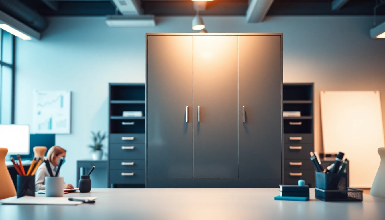 Organized steel cabinet displaying office supplies for a streamlined workspace.