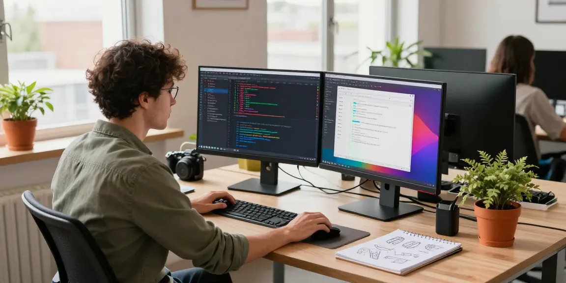 Image to prompt generator in use, showcasing a developer analyzing code and creating digital art in an innovative workspace.