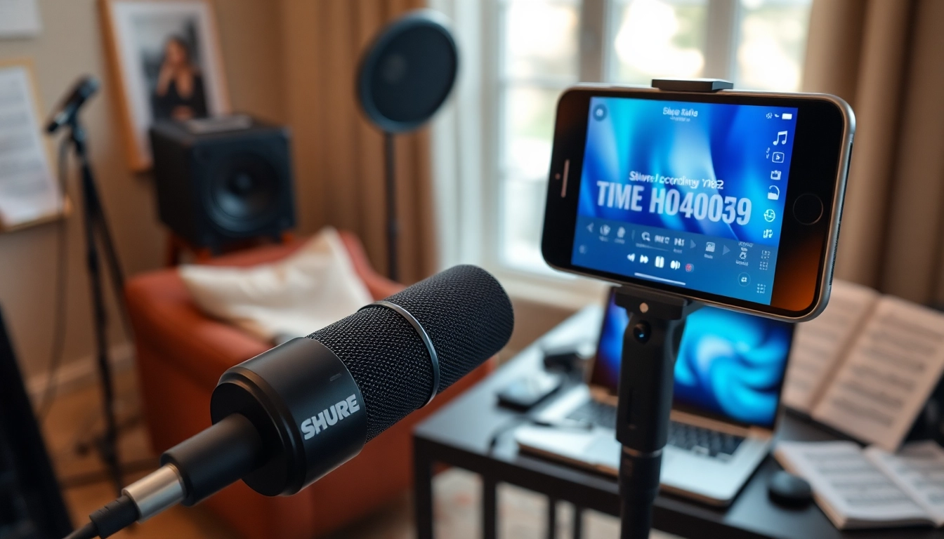 MV88 microphone showcased in a modern recording setup with iPhone, conveying creativity and innovation.