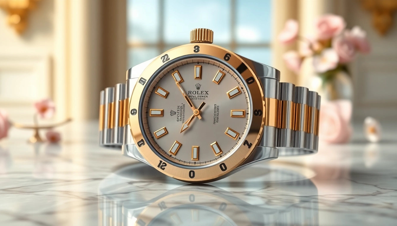 Admire the exquisite craftsmanship of a rolex replica watch elegantly displayed on marble.