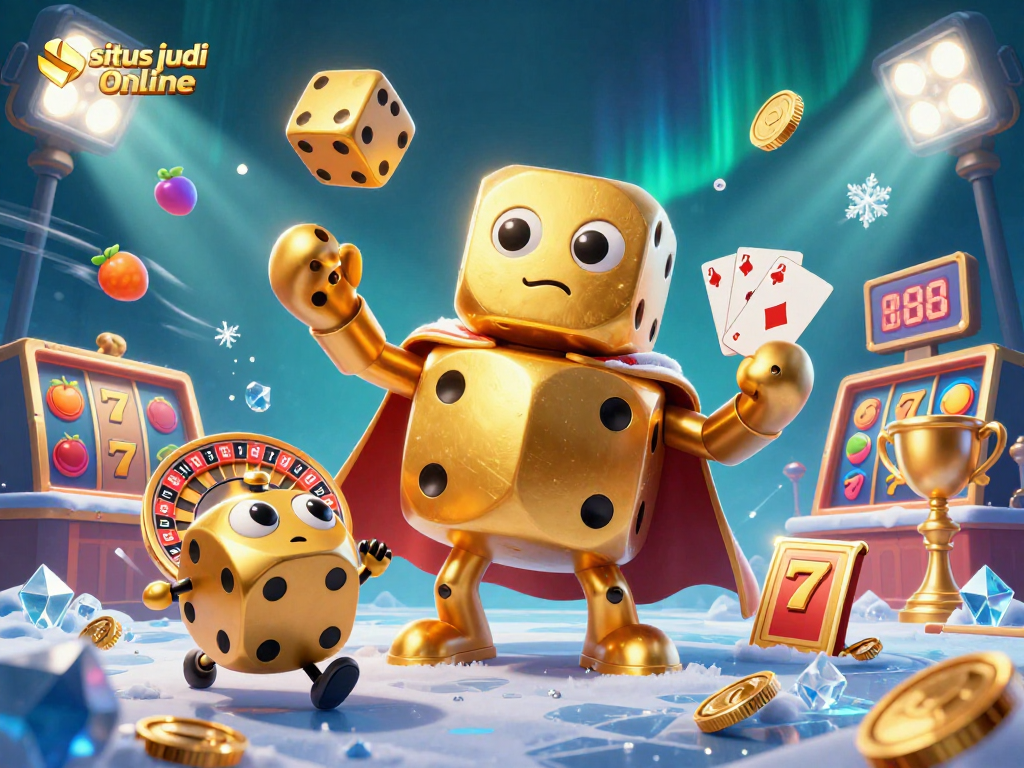 Gambarlah situs judi online dengan karakter dadu emas besar dan elemen slot mengelilinginya.