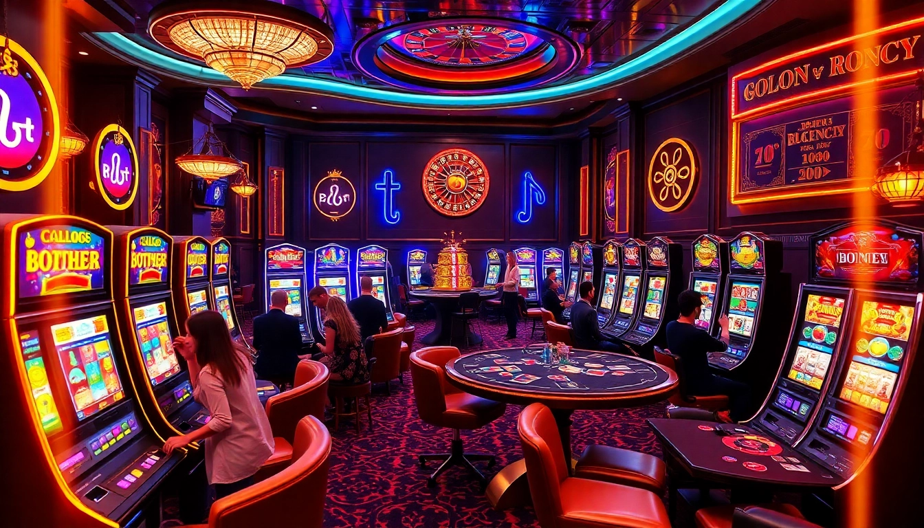 SLOT88 RTP players celebrating wins at luxurious slot machines in a vibrant casino environment