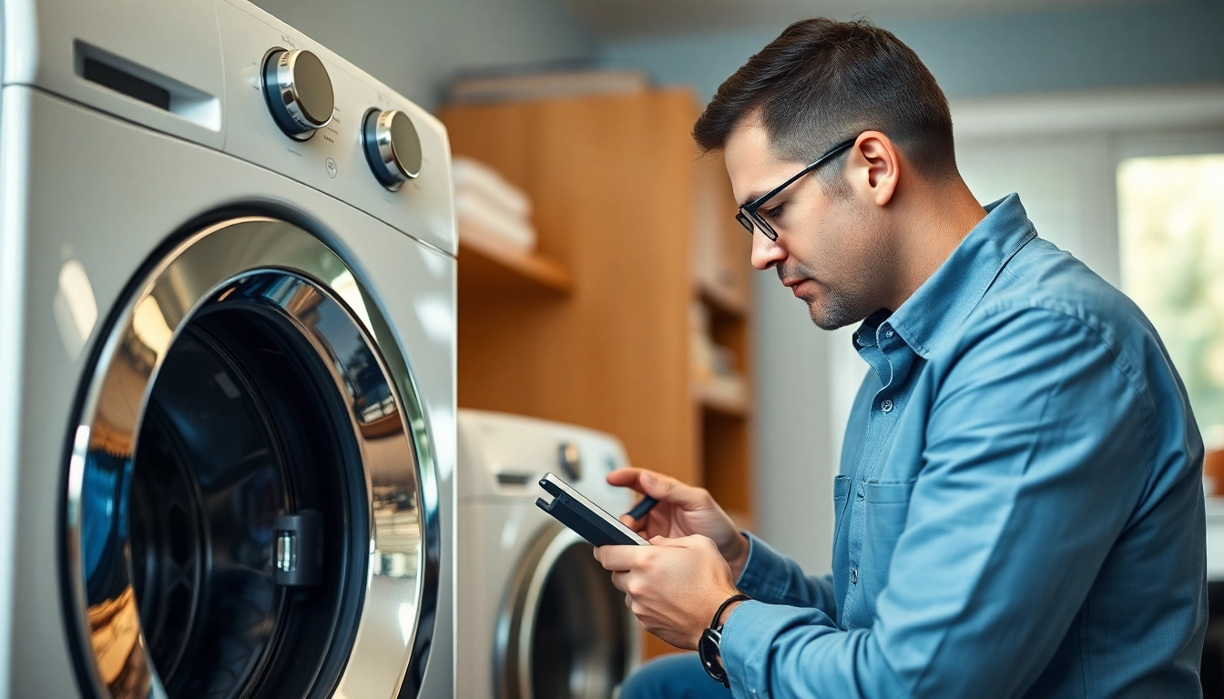 Washing machine repair near me with an expert technician inspecting modern appliances.