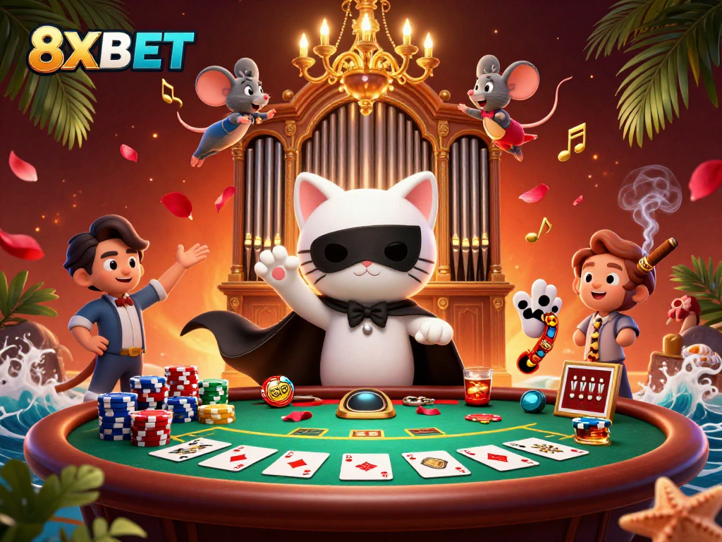 Experience 8XBET's vibrant casino scene with engaging poker elements and whimsical characters.